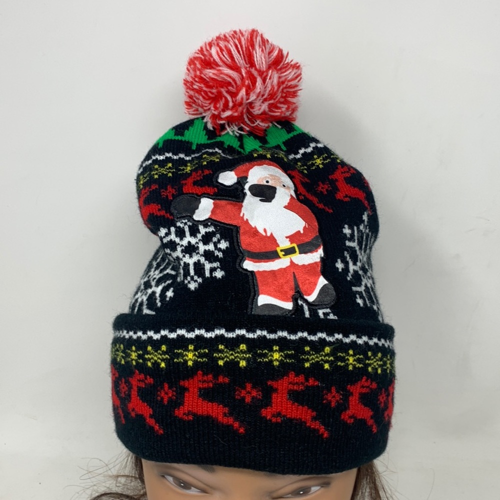 Christmas Beanie Hat Santa Claus Knit Pom Pom Holiday Winter Cap whimsical